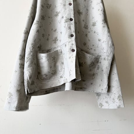 Vintage Flower Pattern Linen Cotton No Collar JKT