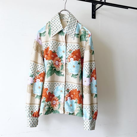 Vintage  Flower Patternショート丈ブラウス