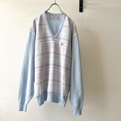 80-90's Border Pattern V-Neck Knit Sweater