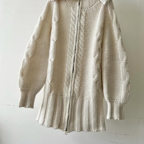 High Neck Design Aran Knit Zip-up Cardigan