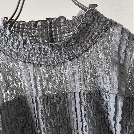 Gray Color Lace Design Mock Neck Blouse