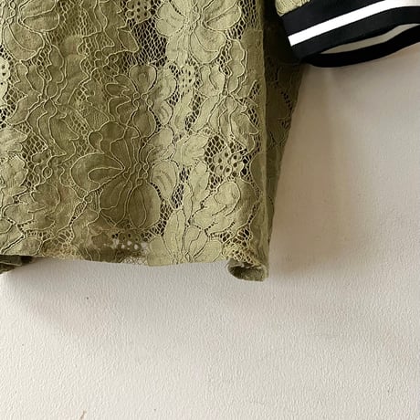 Khaki Color Flower Lace Design Short Ringer Tee