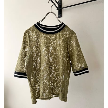 Khaki Color Flower Lace Design Short Ringer Tee