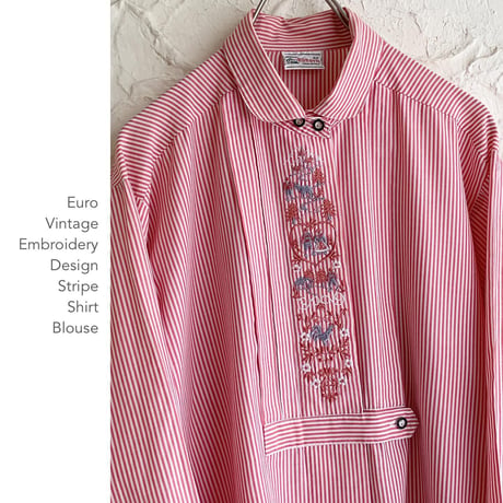 Euro Vintage Embroidery Designストライプブラウス