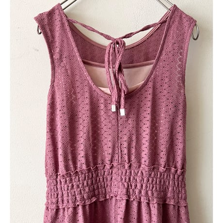 Lace Design No Sleeve Waist Shirring Dress