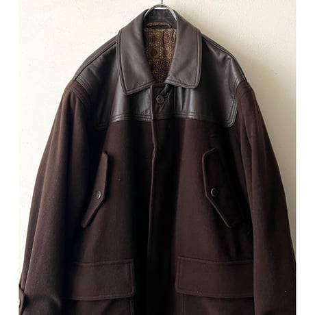 Vintage Fake Leather & Melton Wool Design Half Coat