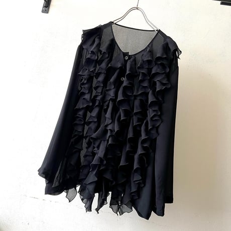 Vintage See-through No Collar Frill Design Blouse