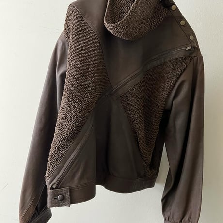 Lether & Knit Switch Pattern High Neck Design Riders JKT