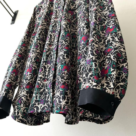 Vintage Flower Pattern Band Collar Shirt Blouse