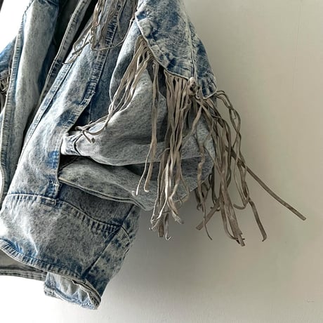 Euro Vintage Leather fringe Design Bleach Denim JKT