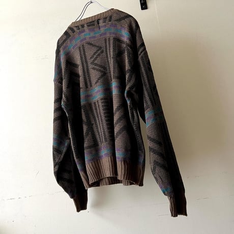 90's Leather Mix Geometric Pattern Knit Sweater