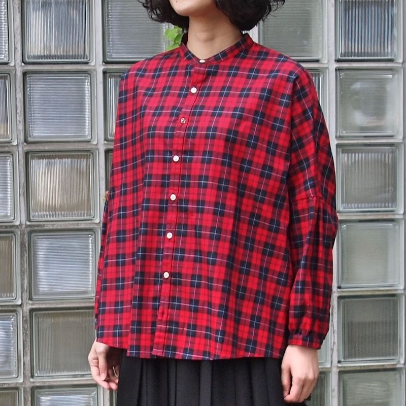 ツイルタータンチェック スタンドシャツ＜18307-SH ＞ | white shirt, s