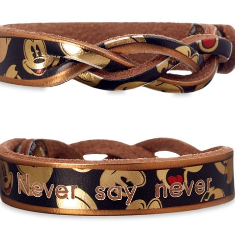 【USA直輸入】Disney　ミッキーマウス　ブラック ＆ ゴールド　総柄　編み込みのレザー ブレスレット　スナップボタン　ディズニー　アクセサリー　バングル　革製品　ミッキー