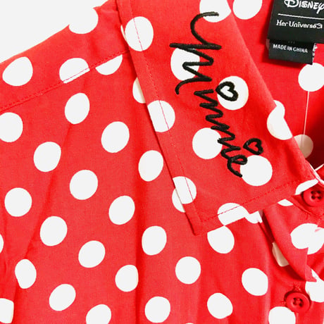 【USA直輸入】DISNEY　ミニーマウス　赤白　ドット柄　タイ フロント　半袖 シャツ　ディズニー　ミニー　Minnie Mouse　ボタンダウン　ミッキー　半袖シャツ　開襟シャツ　アパレル