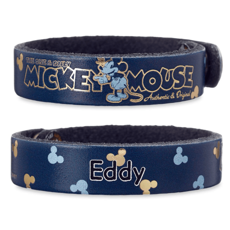 【USA直輸入】Disney　ミッキーマウス　ブルー　総柄＆文字 　レザー ブレスレット　スナップボタン　ディズニー　アクセサリー　バングル　革製品　ミッキー