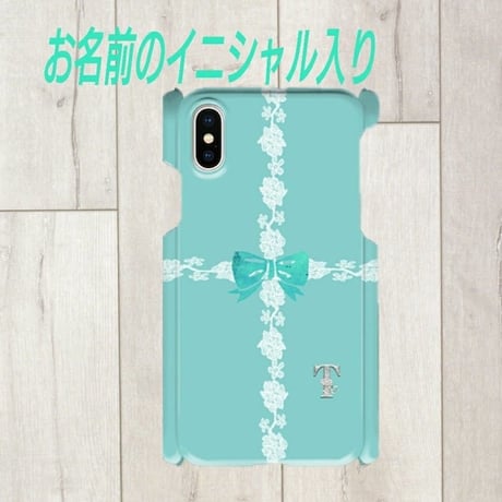 Android/ iphone Plus 銀イニシャル入り★ラインレース＆リボン柄♡スマフォケース・♪Android＆iPhone 6Plus/6sPlus/7Plus/8Plus対応