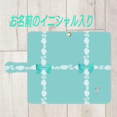 iphone &Android S/M★銀イニシャル入り♡ラインレース＆リボン柄・手帳型スマフォケース ！