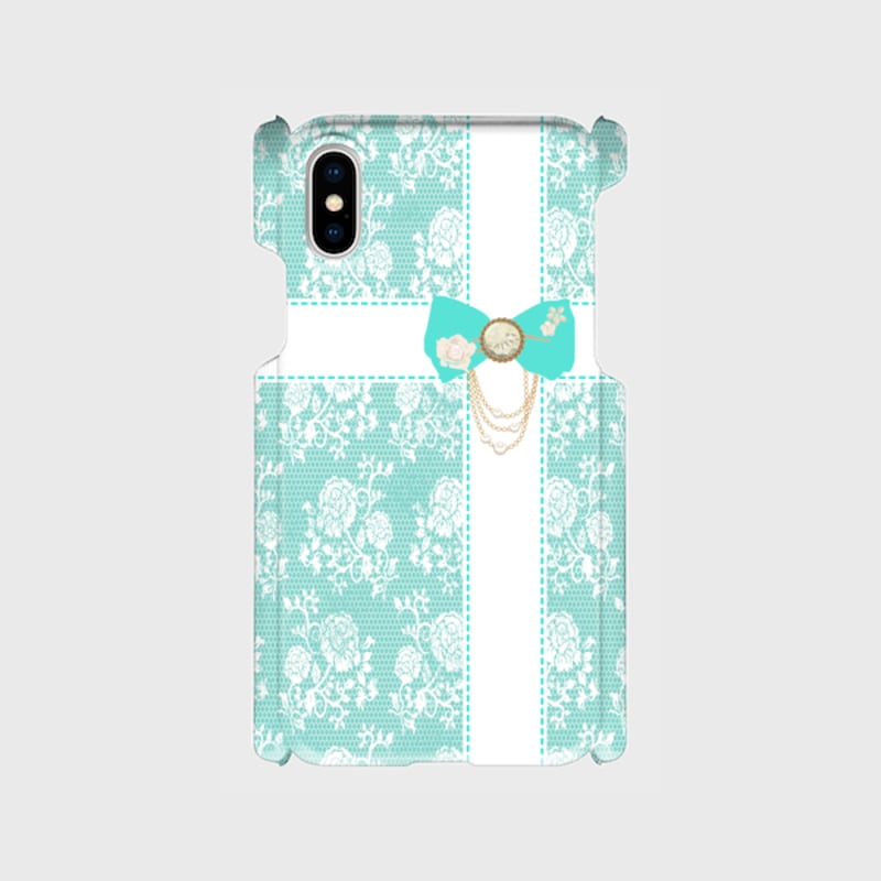 ティファニーリボン風iphonケース 名入れ可！ティファニーブルーのパールリボンフラッグ柄