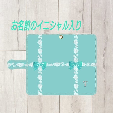 iphone plus&Android L★銀イニシャル入り♡ラインレース＆リボン柄・手帳型スマフォケース ！