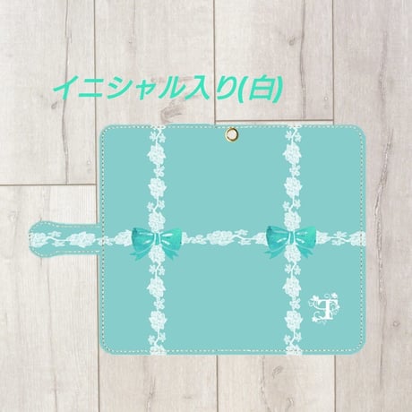 iphone &Android S/M★白イニシャル入り♡ラインレース＆リボン柄・手帳型スマフォケース ！