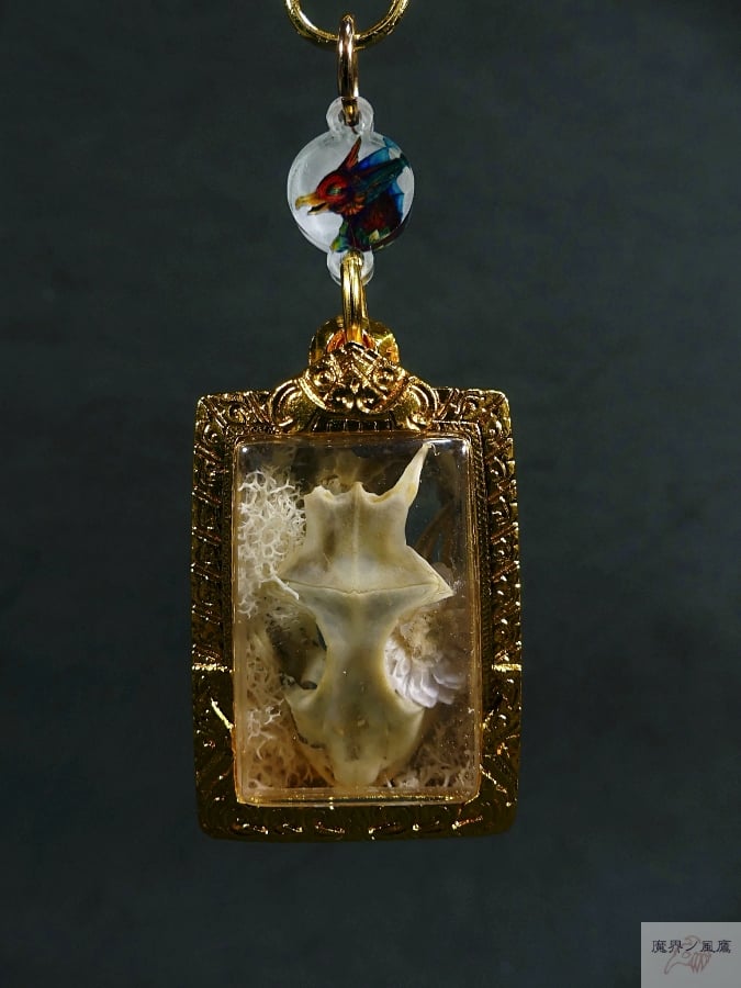 【土産付！】タイのお守りプラクルアン！チェック柄の高級ケース！ トカゲ頭骨のキーホルダー（タイのお守りプラクルアン風）A | 魔界ノ風鷹