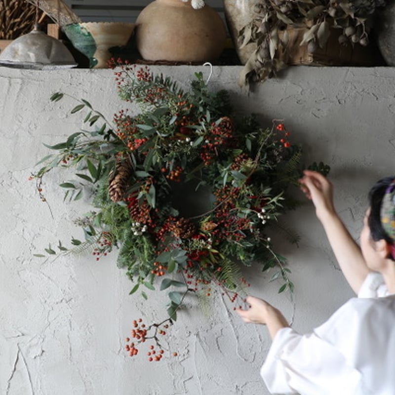 大きめ ローゼルと唐辛子のリース ユーカリ パンパスグラス 秋