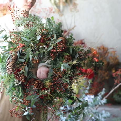 ウヴルのクリスマスリース2023　大サイズ（赤×茶×緑）