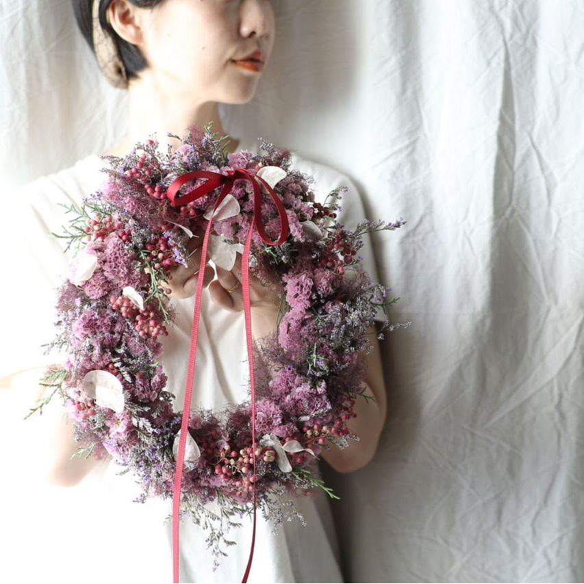 ピンクスモークツリーとリューカデンドロンのシックなリース　ラムズイヤー pink ♡スモークツリーリース No.63 | green88