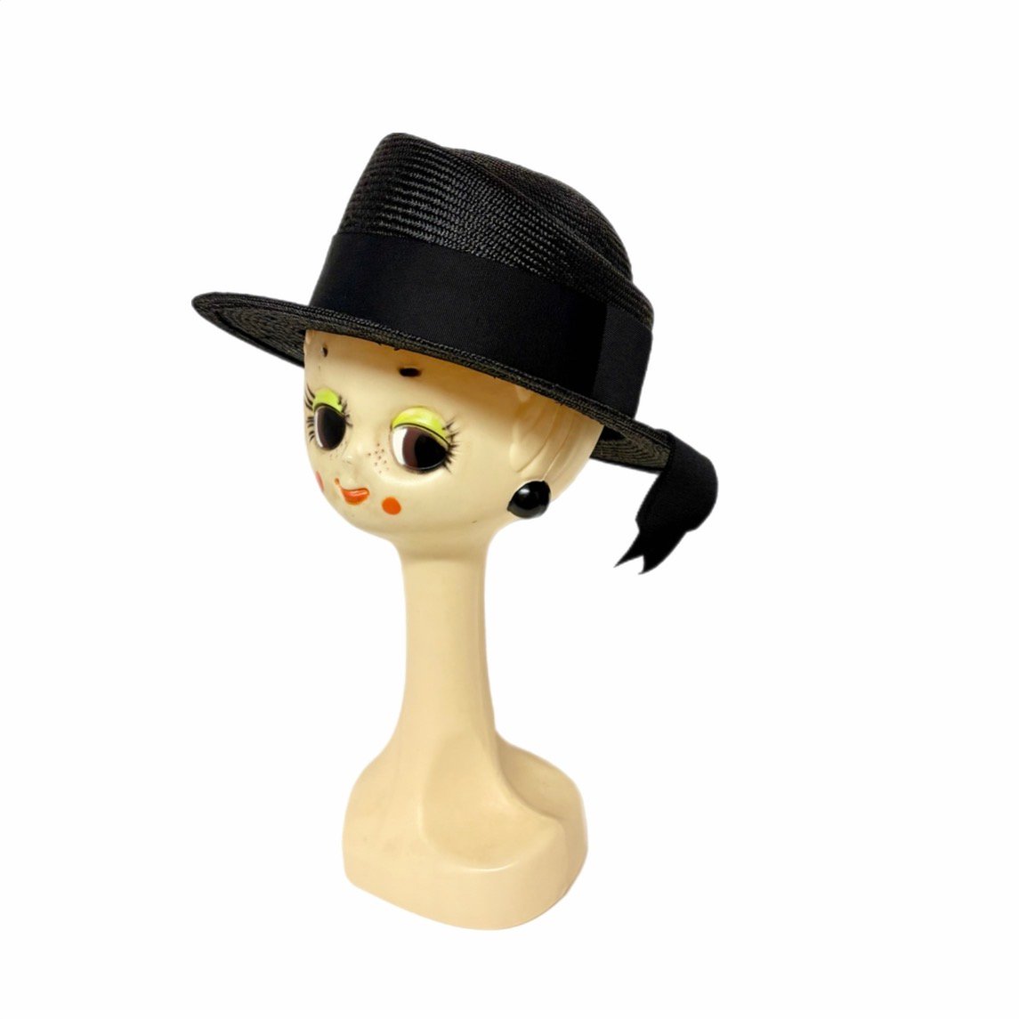 新品 未使用 水玉模様のリボン付き変形ストローハット Black Chapon/シャポン ロゴリボンアシンメトリーストローハット(黒