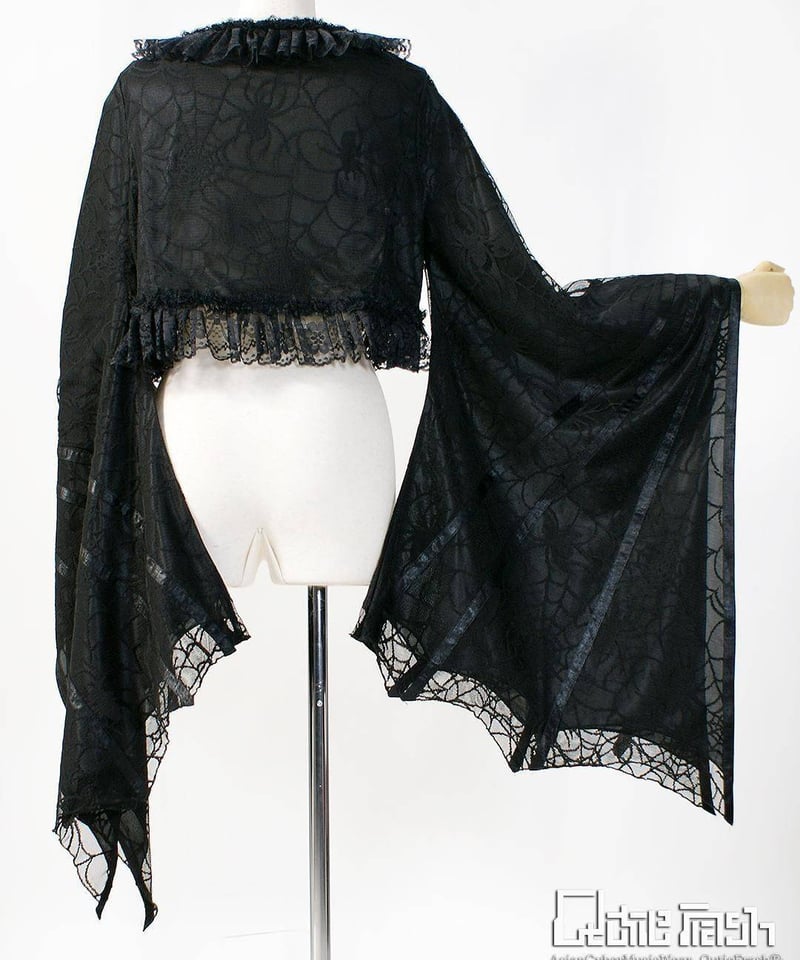 QutieFrash 蜘蛛メッシュ着物袖ブラウス USED】【Lサイズ】蜘蛛メッシュパフブラウス(3店舗限定ストライプ柄