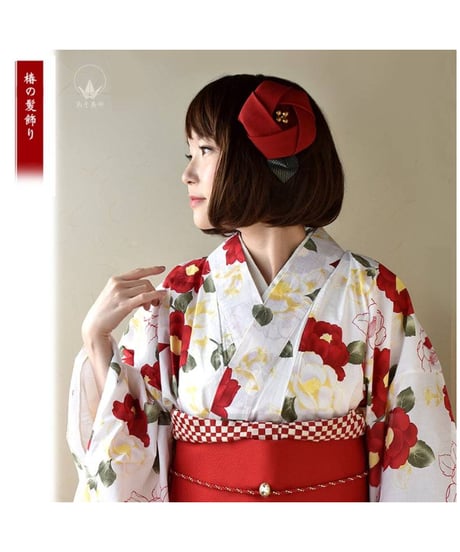 あそ美や　椿の髪飾り　黒×白ドット(小)