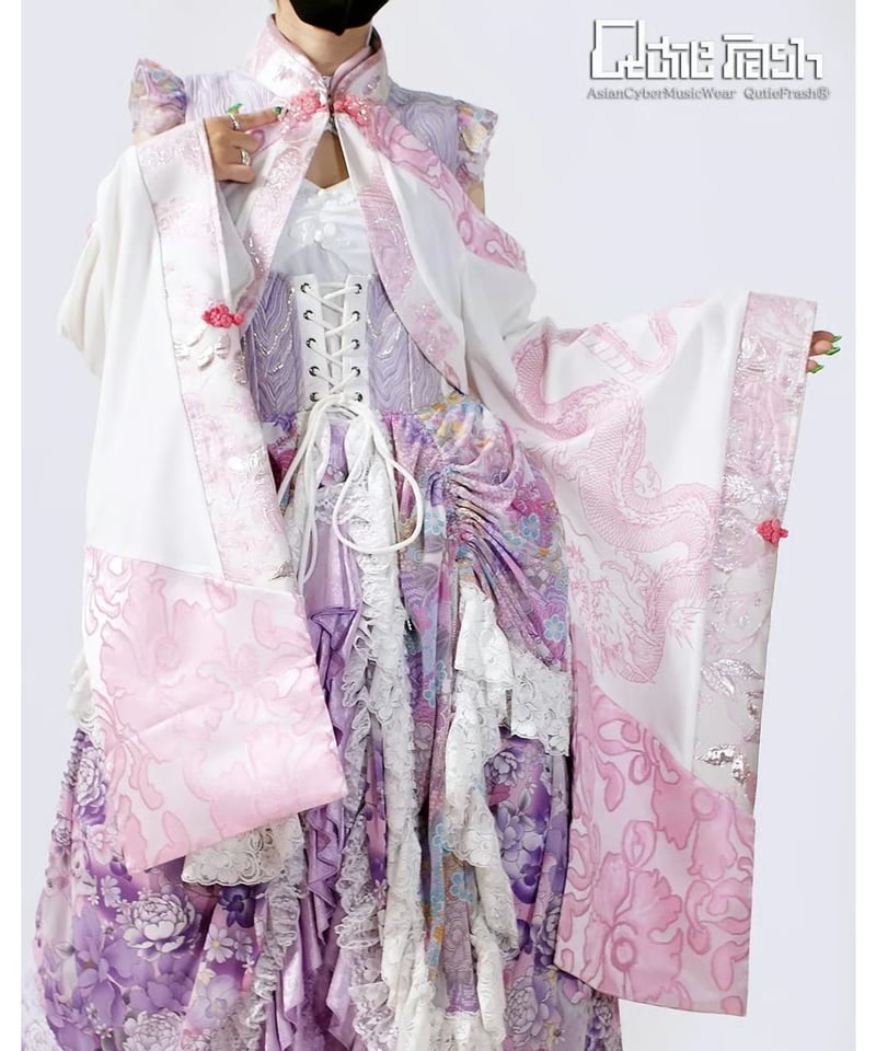 キューティーフラッシュ　鶴　オフショルトップス　着物袖　チャイナ　青　カットソー QutieFrash/キューティーフラッシュ 9896-CD チャイナオフショル