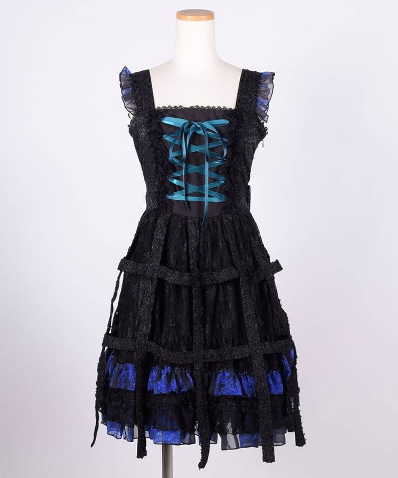 エイチナオトh.naoto Bloodチョーカー風燕尾ドレスワンピ蝶刺繍Y2K h.NAOTO/エイチ・ナオト Blue Bloody Rose Bird Cage Dres