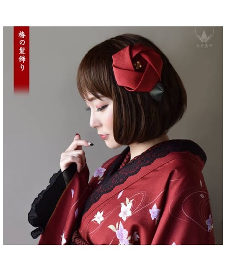あそ美や　椿の髪飾り　黒×白ドット(小)
