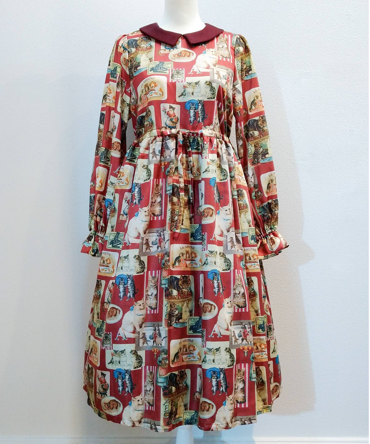 Perla nell' ostrica 122023 ヴィンテージキャット襟付ワンピース（レッ