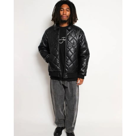 HELLRAZOR FAUXLEATHER DIAMONDQUILTED VIRSITYJACKET - BLACK