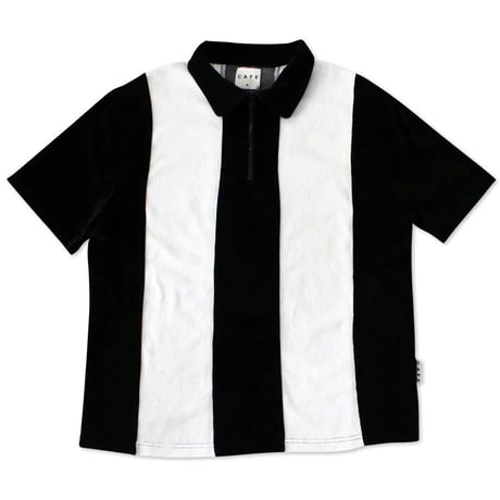 SKATEBOARD CAFE STRIPE 1/4 ZIPVELOUR POLOSHIRT - BLACK/WHITE