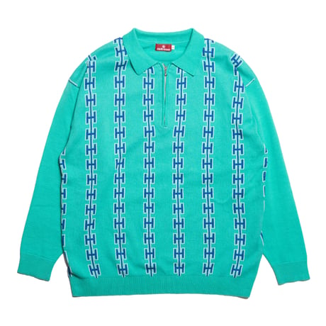HELLRAZOR CHAIN HALF ZIP KNIT SWEATER - TEAL