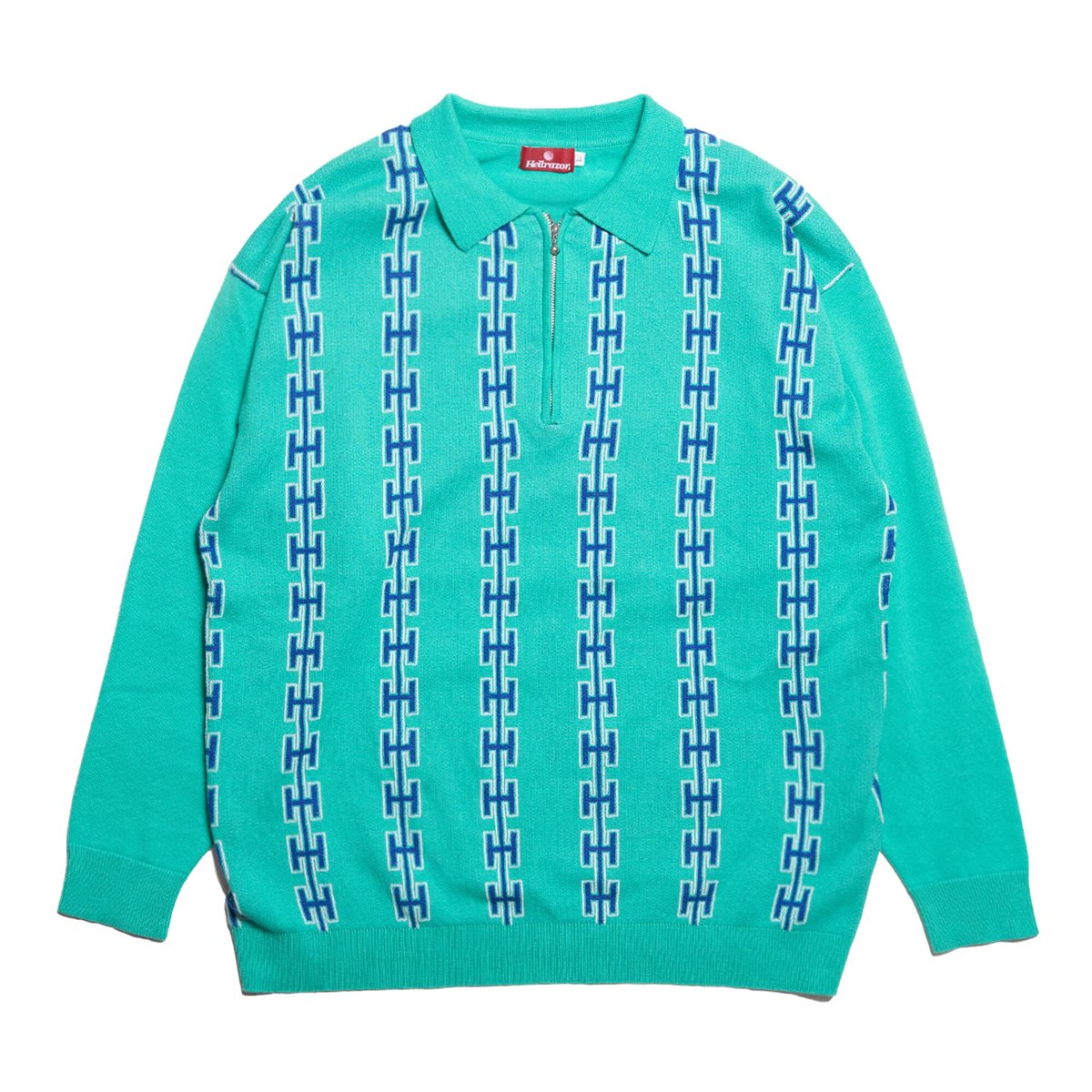 HELLRAZOR CHAIN HALF ZIP KNIT SWEATER - TEAL |