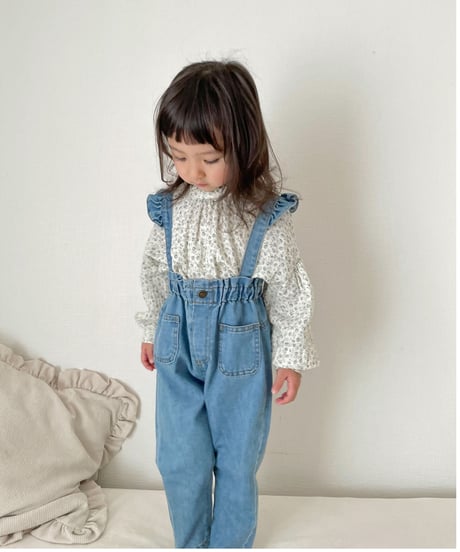 在庫限り70-110cm frill denim salopette