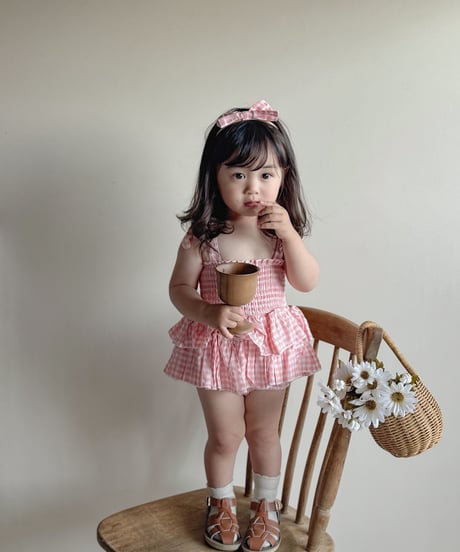 即納 gingham frill rompers
