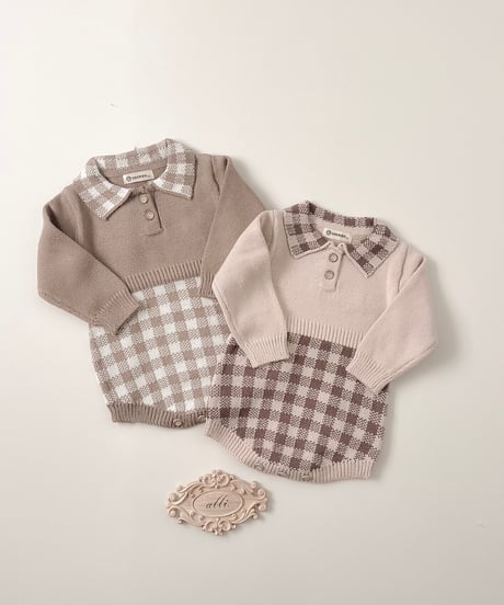 即納 plaid knit rompers