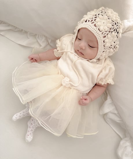 即納 mellow puff sleeve tulle rompers
