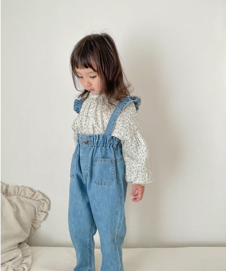 在庫限り70-110cm frill denim salopette