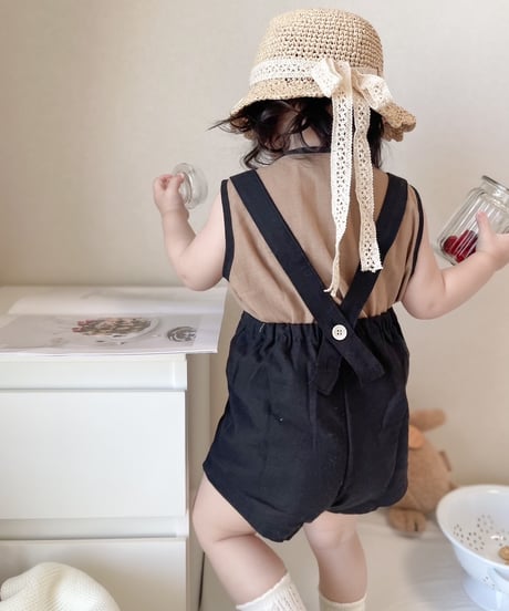 即納 bebe nine Coco linen suspender pants