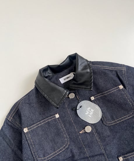 即納 Leather Collar Denim Jacket