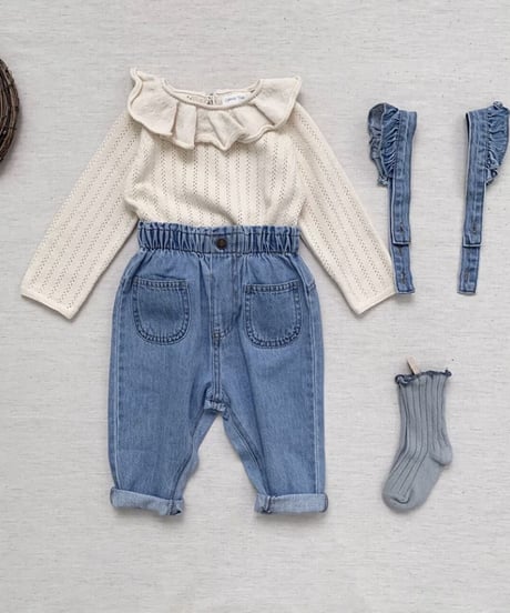 在庫限り70-110cm frill denim salopette