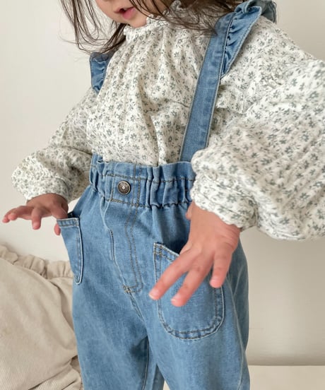 在庫限り70-110cm frill denim salopette