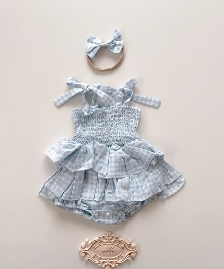 即納 gingham frill rompers
