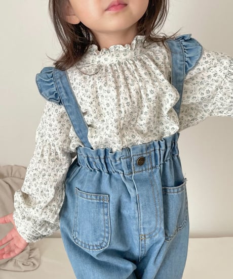 在庫限り70-110cm frill denim salopette